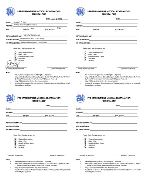 Peme Referral Slip Jp Lim Pre Employment Medical Examination Referral