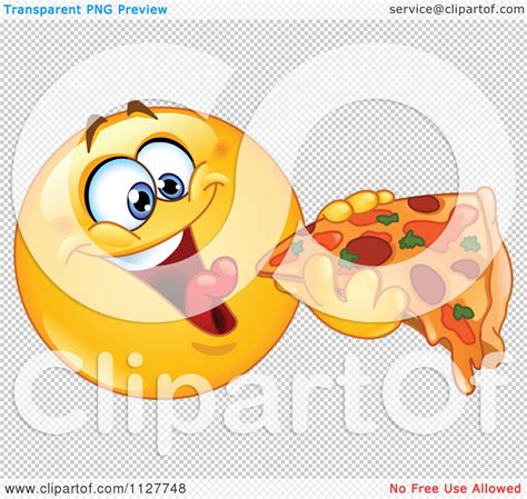 Cartoon Of A Hungry Smiley Emoticon Eating Pizza Royalty Free Vector