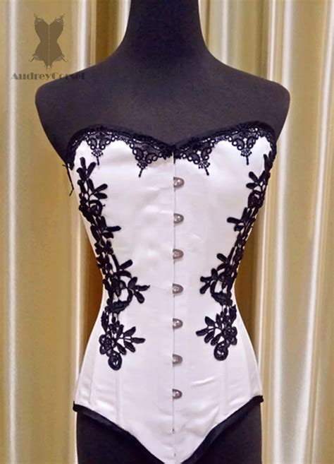 Sexy White Satin Steel Boned Buckle Corset Couture Hot Black Lace Overbust Victorian Halter