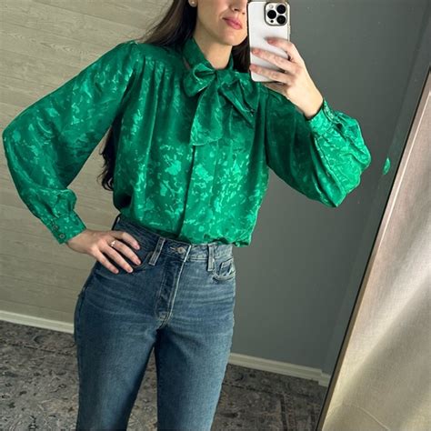 Vintage Tops Vintage S Satin Jacquard Pussy Bow High Neck Pleated Blouse M Chic Poshmark