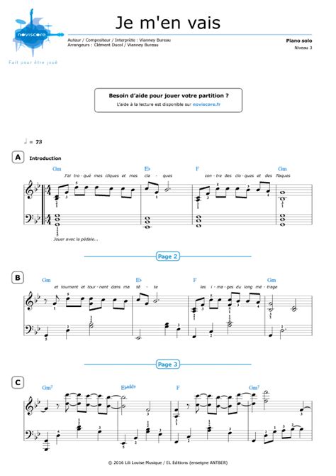 Partitura Piano Je M En Vais Vianney Partituras Noviscore