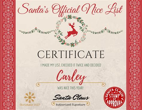 Official Santas Nice List Certificate