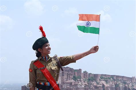 India`s National Cadet Corps Ncc Lady Cadet Standing Holding Indian