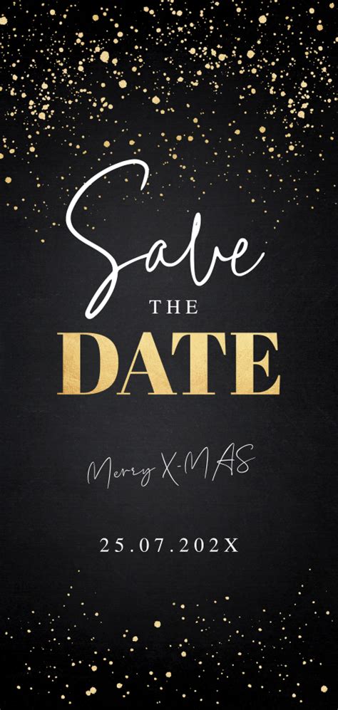 Save The Date Kerstkaart Zwart Langwerpig Spetters Goudlook