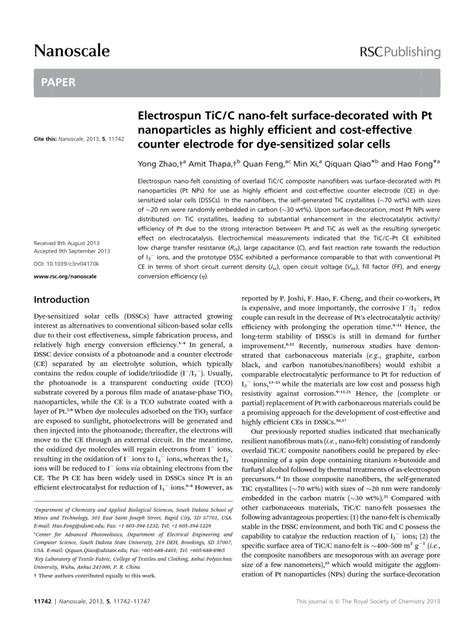 PDF Electrospun TiC C Nano Felt Surface Decorated With Pt