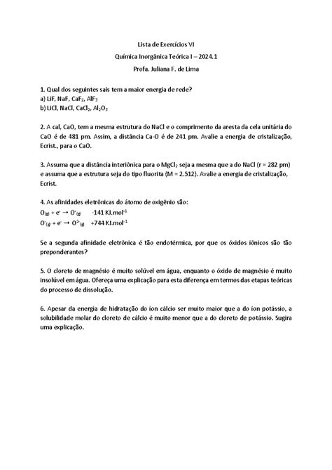 Lista de Exercícios 6 Lista de Exercícios VI Química Inorgânica