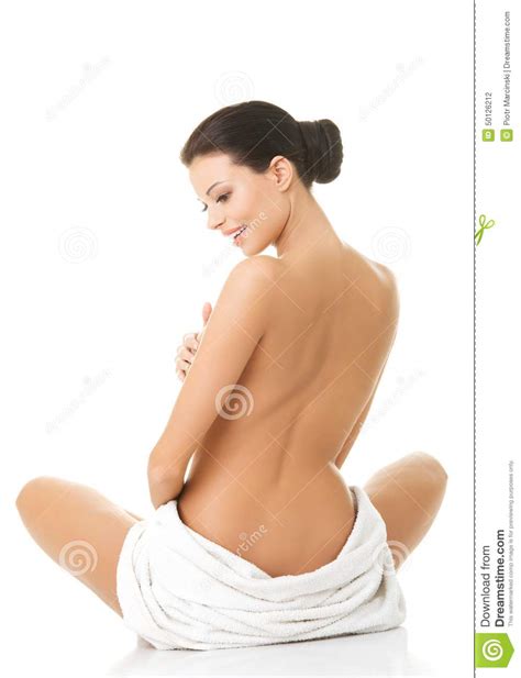 Back View Nude Woman Sitting Wrapped In Towel Stock Photo Image Of