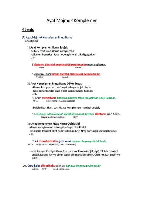 nota ayat majmuk komplemen  jenis  contoh konsep studocu