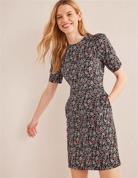 Crew Neck Jersey Dress Black Pansy Bloom Boden Eu