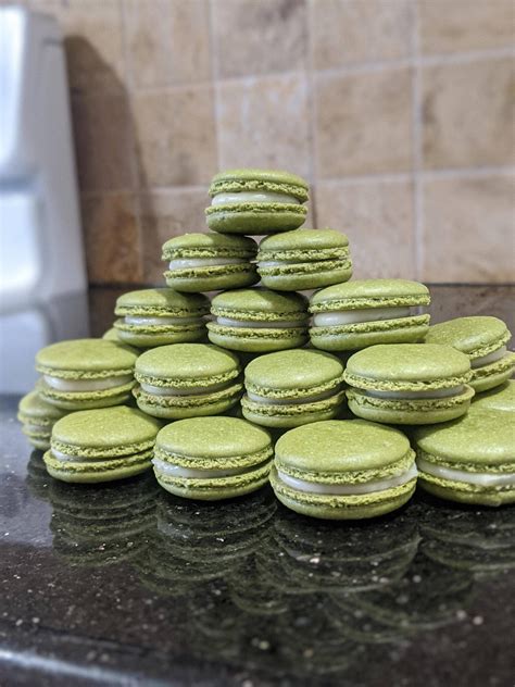 First Time Making Macarons Matcha With White Chocolate Filling R Baking