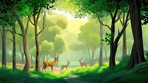 Contemporary 3d Landscape Mural Wallpaper Featuring Jungle Forest Deers ...