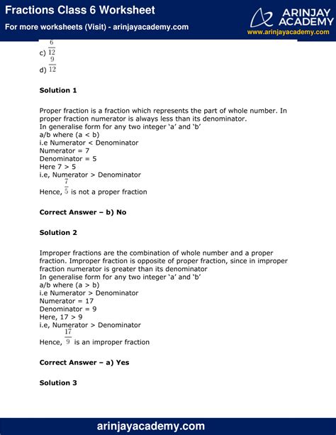 Fractions Class Worksheet Maths Arinjay Academy