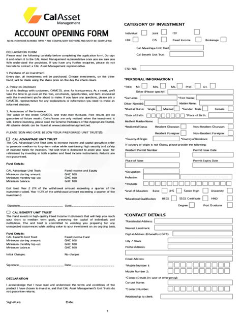 Fillable Online Account Opening Form Cal Asset Management Ltd Fax