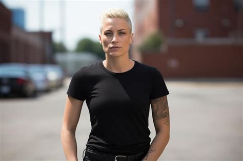 Premium AI Image A Shaved Year Old White Blond Lesbian Wearing A Black Tshirt Lgbt