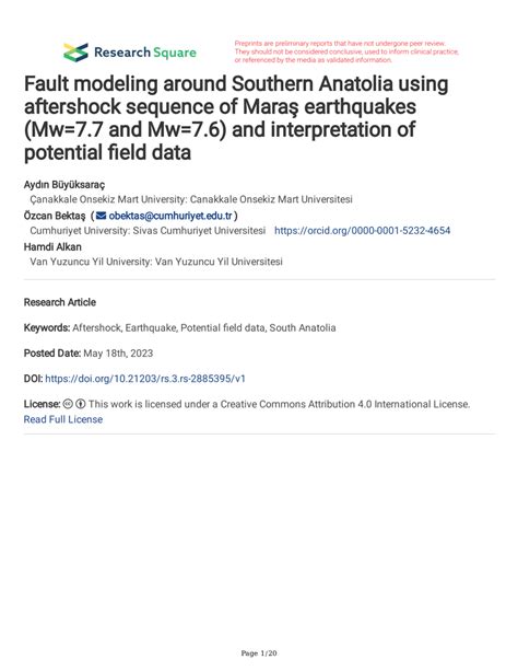 PDF Fault Modeling Around Southern Anatolia Using Aftershock Sequence