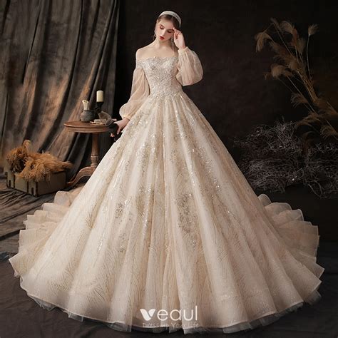 Victorian Style Champagne Bridal Wedding Dresses 2020 Ball Gown Off The