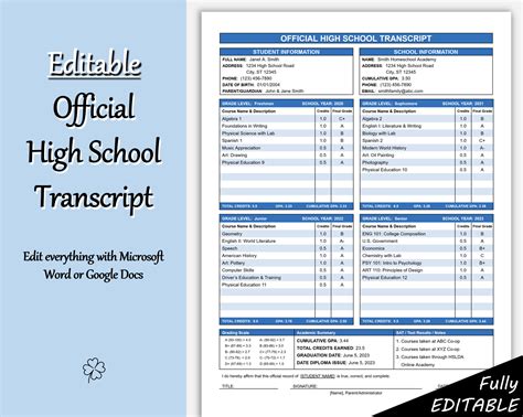 Fillable Printable High School Transcript Template GOOGLE DOCS Etsy