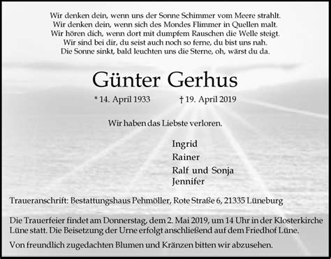 Traueranzeigen von Günter Gerhus Trauer Lüneburg de