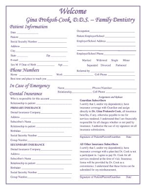 Fillable Online New Patient Form Gina Cook Dds Fax Email Print