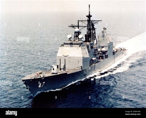 Aerial Port Bow View Of USS Ticonderoga CG 47 Underway During Sea