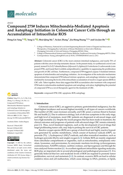 Pdf Compound 275 Induces Mitochondria Mediated Apoptosis And Autophagy Initiation In