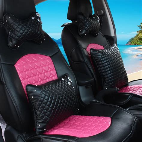 Girls Womans Cute Brand Fashion Pu Leather Diamond Pink Universal Car Seat Cover Set In