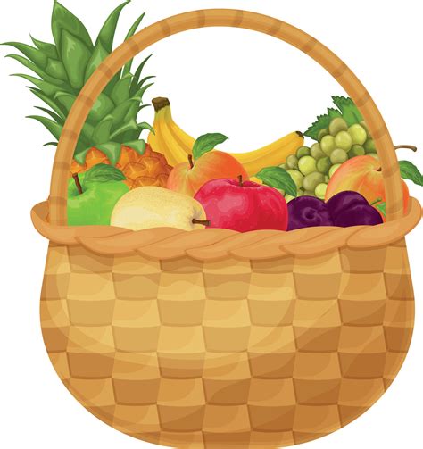 Basket with fruits such as banana, pineapple, grapes, peach and also ...
