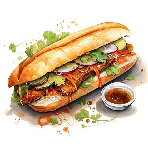 Premium Ai Image Watercolor Of Banh Mi A Popular Street Food In Asia Showcasi Beauty Painting