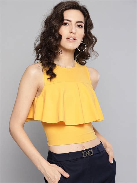 Buy Veni Vidi Vici Women Yellow Solid Fitted Layered Crop Top Tops