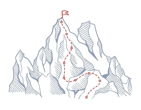 Bergbeklimmen Route Naar Top Rots Met Rode Vlag Op Piek Zakelijke Reis