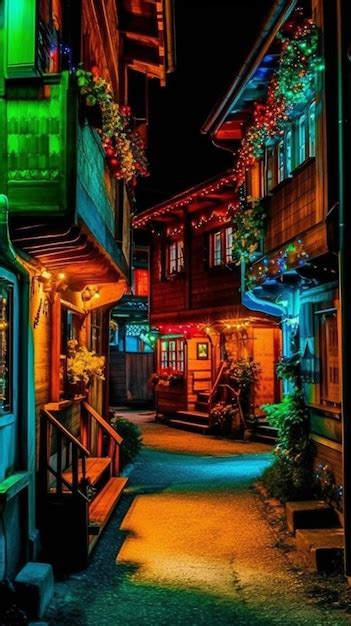 Premium AI Image | A colorful street at night with christmas lights