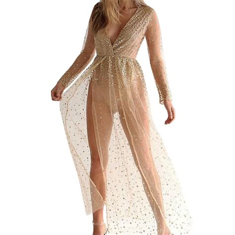 Sexy Women Bling Rhinestone Sheer Deep V High Split Long Sleeve Maxi