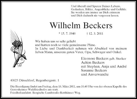 Alle Traueranzeigen F R Wilhelm Beckers Trauer Rp Online De