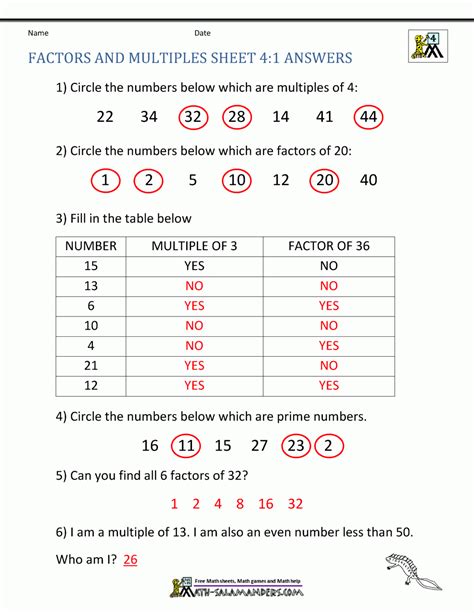 Factors And Multiples Worksheet For Grade With Answers Free Printable