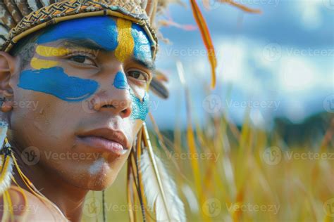 Indian From The Patax Tribe With Feather Headdress Looking At The