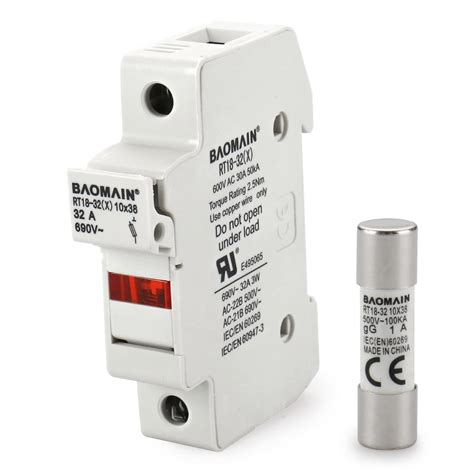 Baomain Cylindrical Fuse Holder Rt18 32x 10mm X 38mm Fuse Base Single Pole Din Rail Mount With