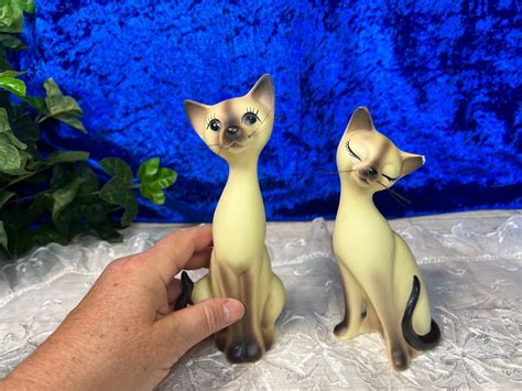 Vintage 1950s Siamese Cat Porcelain Figurines With Long Neck Etsy