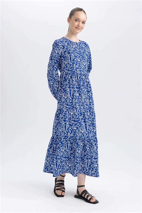 Blue Woman Crew Neck Printed Poplin Long Sleeve Dress Defacto