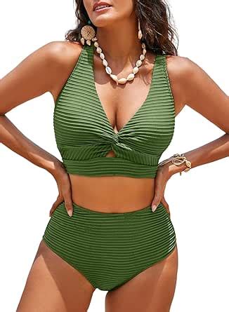 Amazon Herseas Women S Textured Bikini Sets Twist Front Top Swimsuits High Waisted Bathing