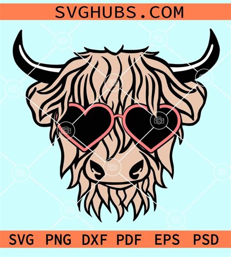 Highland Cow With Love Heart Sunglasses Svg Cow Head Svg Highland Cow