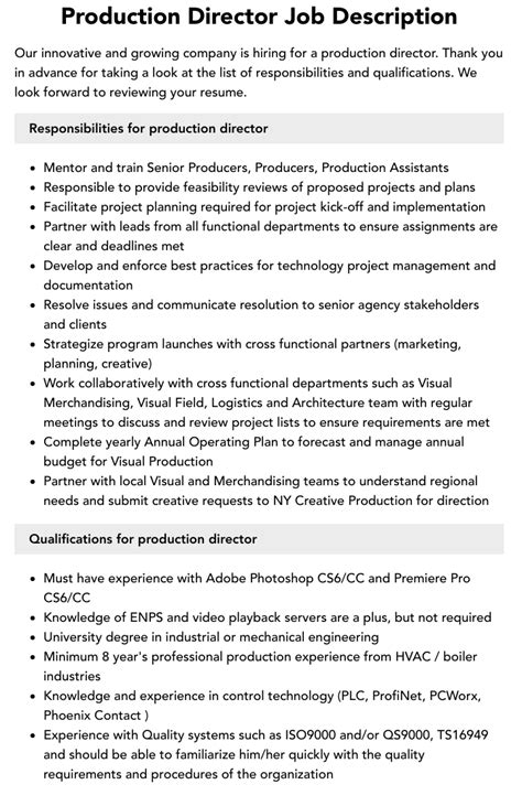 Production Director Job Description Velvet Jobs