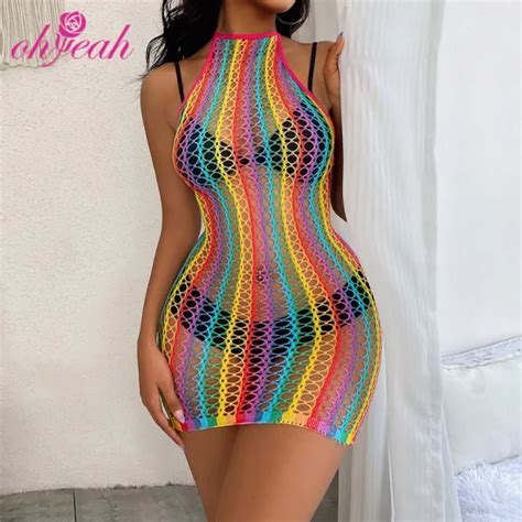 New Style Hollow Out Halter Backless See Through Fishnet Bodystocking Dress Sexy Lingerie Sexy