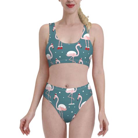 Lsque Flamingo Print Women S Bikini Tankini Set 2 Piece Split Sports Swimsuit Scoop Neck