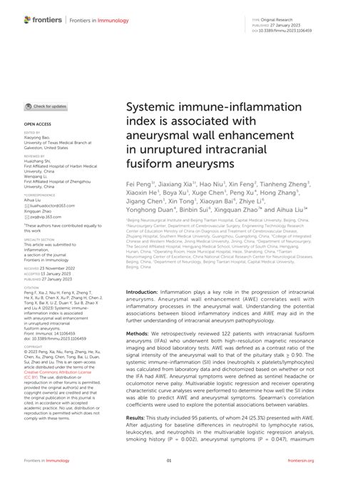 Pdf Systemic Immune Inflammation Index Is Associated With Aneurysmal