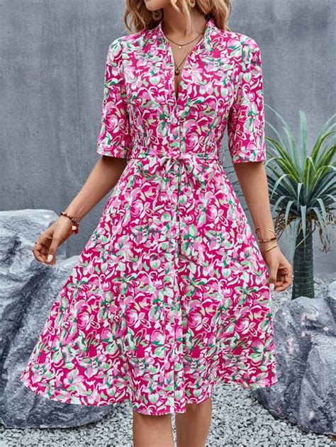 SHEIN VCAY Allover Floral Print Belted Dress SHEIN USA