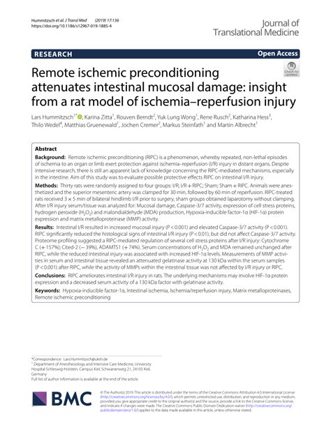 Pdf Remote Ischemic Preconditioning Attenuates Intestinal Mucosal