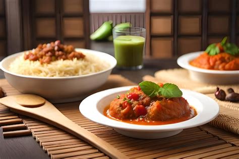 Uma Mesa Tigelas De Comida Incluindo Frango E Arroz Foto Premium