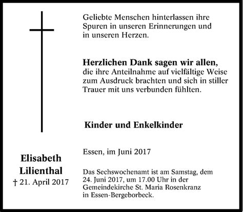 Traueranzeigen Von Elisabeth Lilienthal Trauer In Nrw De