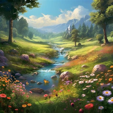 Premium AI Image | A painting of a river with flowers and a mountain in ...