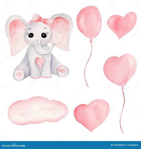 Baby Elephant And Pink Balloons Hand Drawn Watercolor Illustrations Set